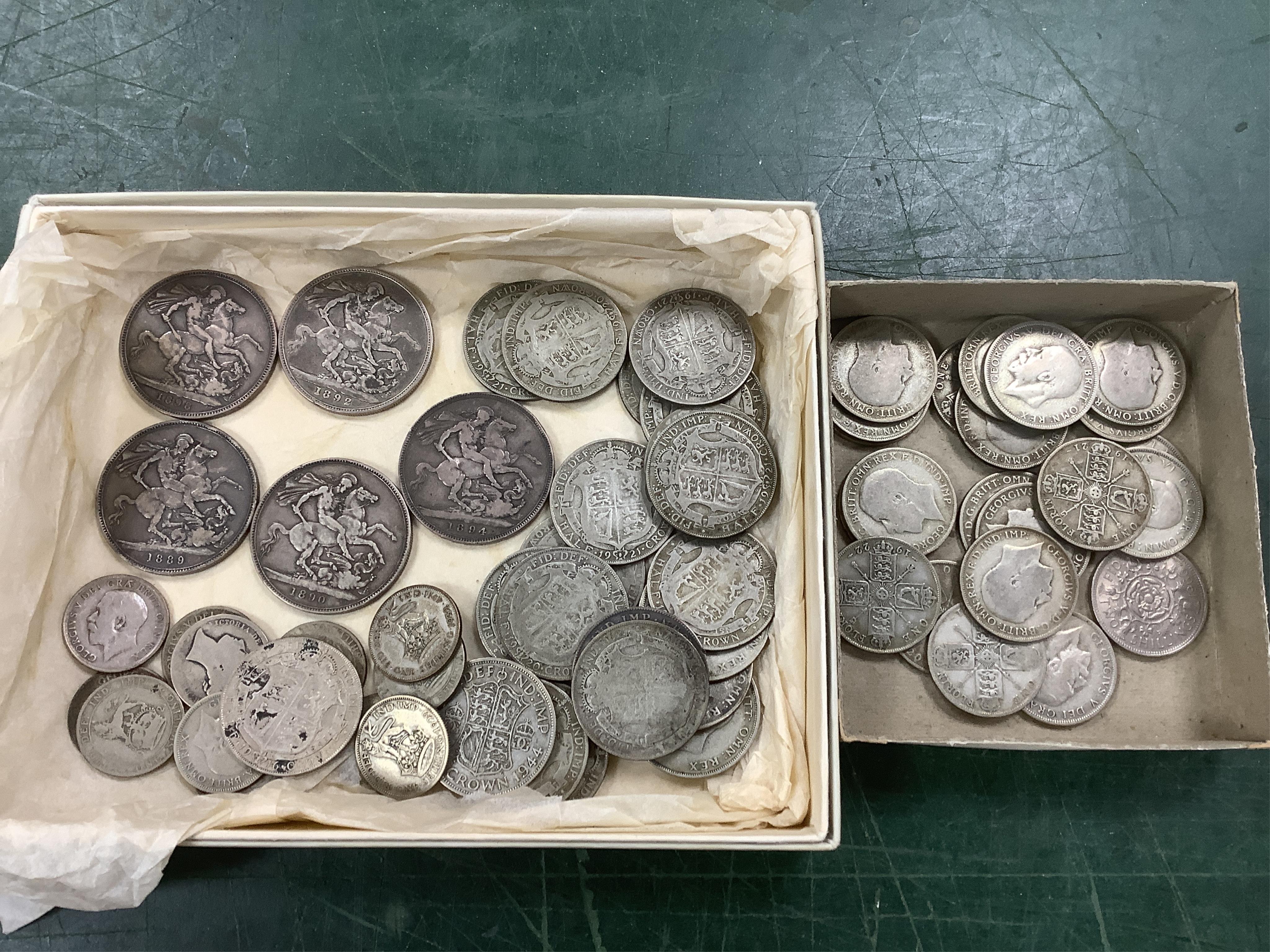 British silver coins, Victoria to George VI, five crowns, various halfcrowns and florins, 1900-1946